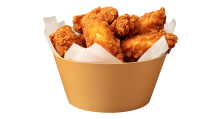 A close up of a bucket filled with fried chicken pieces and white paper on black backgroundisolated on transparent background	