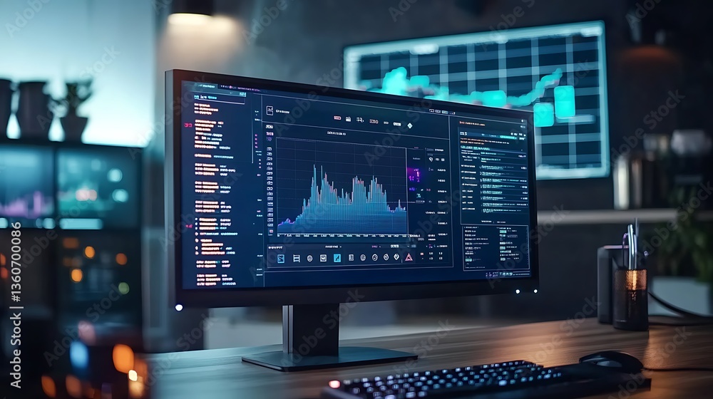 Poster financial data analysis on a desktop computer screen in a modern office at night.