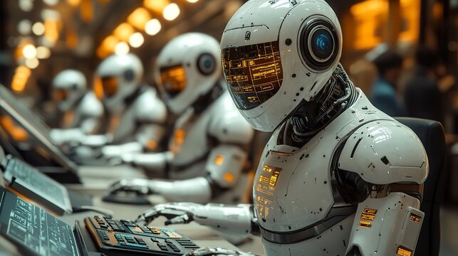 A futuristic business environment where AI tax bots assist professionals in corporate taxation, payroll processing, and financial compliance.