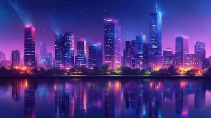 Neon city skyline reflected in water at night. Possible use Stock photo for wallpaper or desktop background