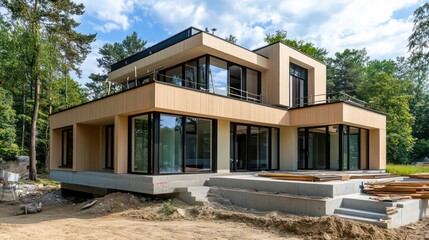 Modern SIP panel house under construction. Light beige wood panels create contemporary home design. Construction site with visible foundation, steps. Eco-friendly materials, efficient prefabricated