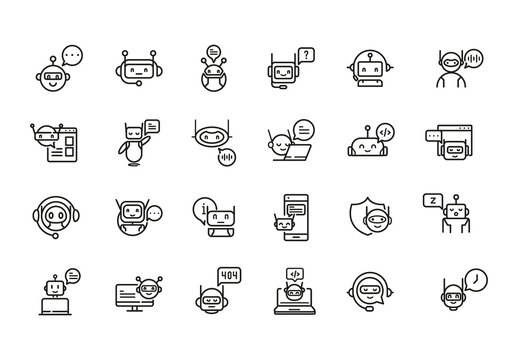 Black White Chatbot Robot Interface Support Icons Set