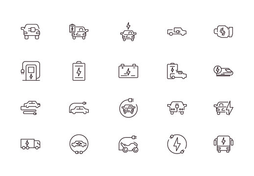 Black White Electric Vehicle Charging Battery Icons Set