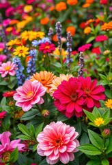 Vibrant blooms in a lush garden, bursting with color, colorful plants, flower power, floral background