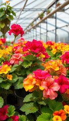 Vibrant geraniums blooming profusely in a greenhouse, blossoms, garden, macro