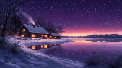 Fototapeta premium Enchanting winter cabin nestled by a frozen lake under a breathtaking starry sky. Perfect for holiday cards, calendars, or winter wonderland themes.
