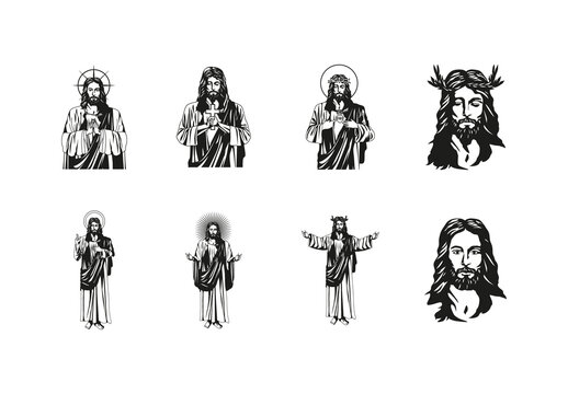 Black White Religious Jesus Christ Sketch Illustration Set