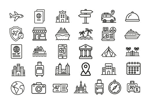 Black White Travel Hotel Vacation Navigation Tourism Icons Set