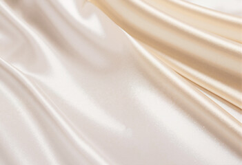 Shiny ivory fabric with elegant folds, soft silk texture close-up, luxury textile background with copy space