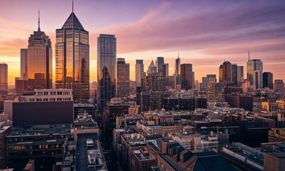 Vibrant City Skyline During Golden Hour Light Reflections On Towers And Buildings.