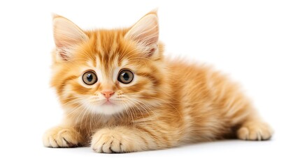 Obraz premium Adorable ginger kitten lying down on white background.