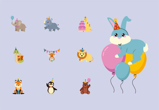 Colorful Cute Party Animal Celebration Birthday Fun Illustration Set