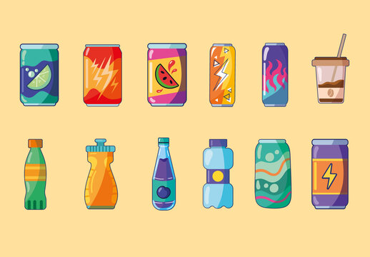 Colorful Energy Drinks Beverage Soda Cans Refreshment Illustration Set