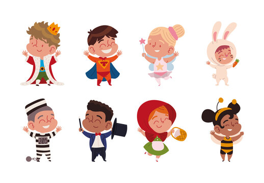 Colorful Funny Carnival Children Costume Character Illustration Set