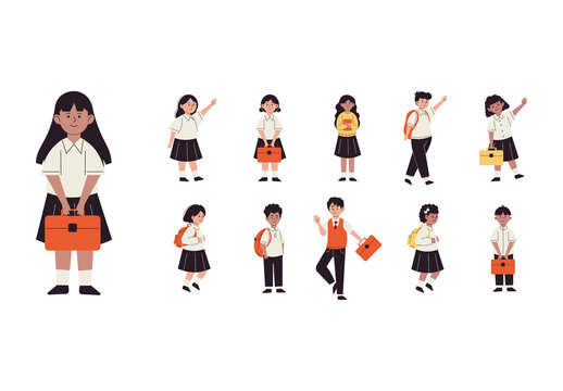 Colorful School Children Classroom Character Uniform Illustration Set