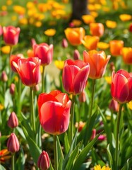Obraz premium Vibrant pink, orange, and yellow tulips blooming in a sun-drenched meadow, springtime, bloom, landscape