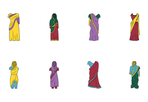 Colorful Traditional Indian Women Clothing Fabric Illustration Set