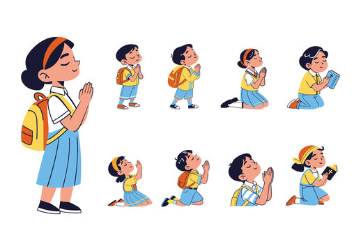 Colorful School Children Prayer Religious Book Illustration Set