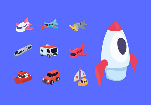 Colorful Transportation Vehicles Boat Plane Car Illustration
