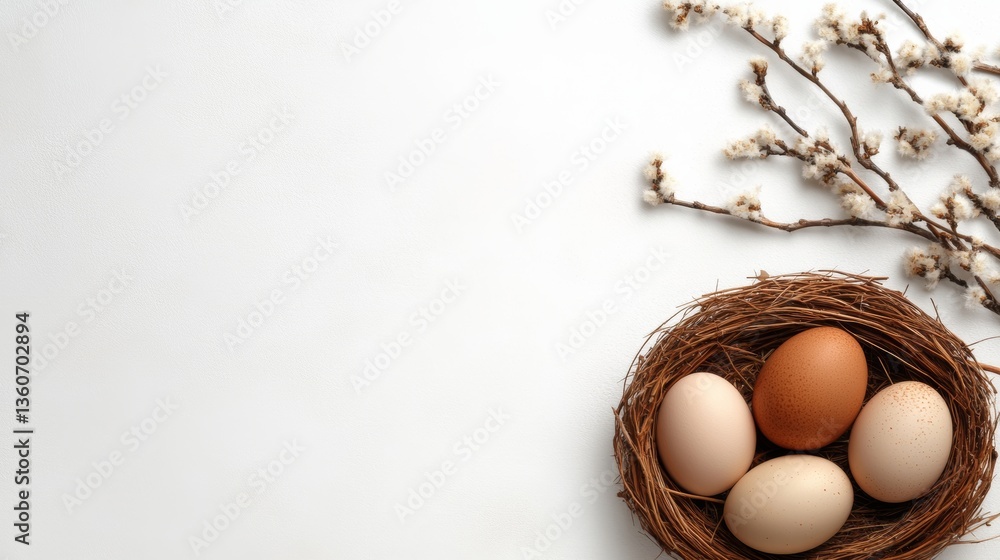 Poster nest with decorative eggs and branches in a minimalist setting showcasing spring themes