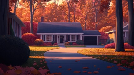Obraz premium Autumn Suburban Home, Fall Colors, Driveway, Peaceful Scene, Perfect for Background Use