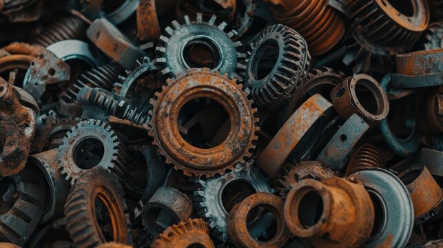 Rusty gears and machine parts in a fusion of metal