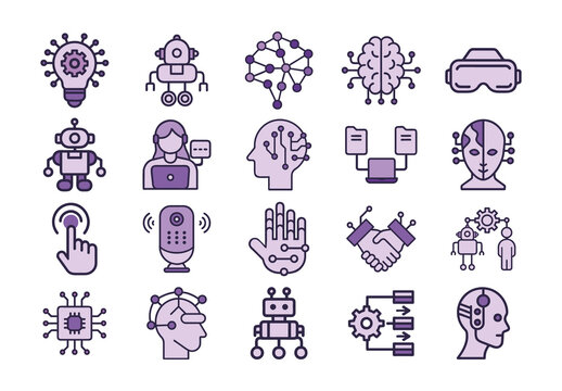 Purple AI Brain Robot Head Circuit Technology Icons Set