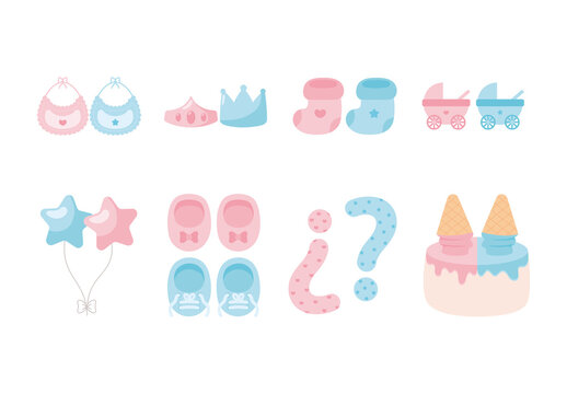 Pink Blue Baby Shoes Balloons Crown Cake Illustration