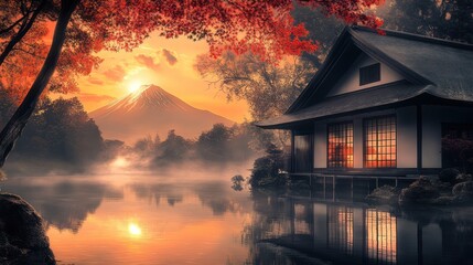 Autumn Sunrise over Fuji and Japanese House