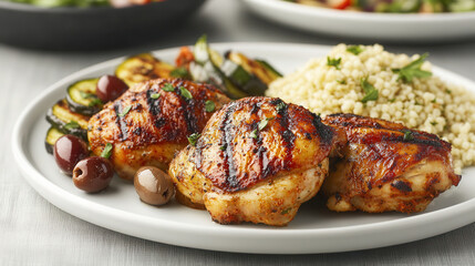Roast chicken thighs with Mediterranean spices served with couscous, grilled vegetables, and olives for a satisfying meal
