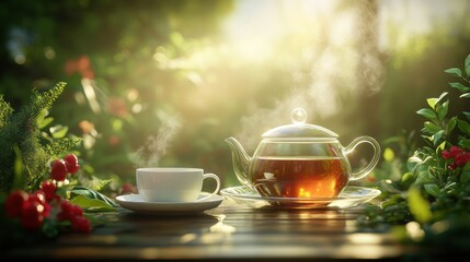 Fototapeta premium Hot tasty tea is served in outdoors enviroment. Healthy drink. Relaxation.