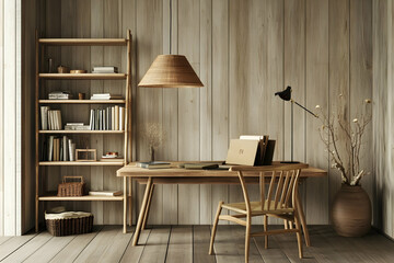 A wooden desk and bookcase in a rustic setting