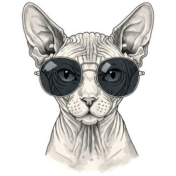 An engraved art piece of a sphynx cat wearing stylish sunglasses