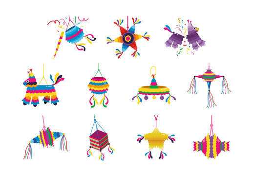 Colorful Decorative Mexican Celebration Pi&ntilde;ata Ornament Illustration Set