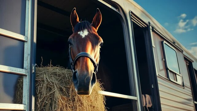 Horse peeks out from horse trailer during sunny day at equestrian facility