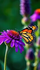 Naklejka premium A monarch butterfly delicately sipping nectar from a vibrant purple coneflower, coneflower, pollination