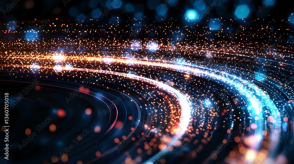 Poster glowing curved light trails with sparkles and bokeh effects in blue and orange colors create dynamic