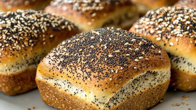 Freshly baked rolls topped with sesame and poppy seeds on a rustic wooden table
