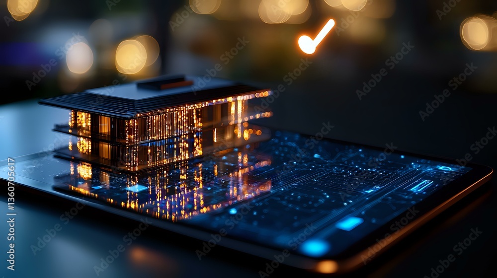 Aufkleber futuristic digital building hologram emerging from laptop keyboard with glowing lights and bokeh eff