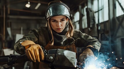 Female welder in protective gear working with welding torch in industrial workshop, sparks flying, dramatic lighting creates atmospheric industrial scene.