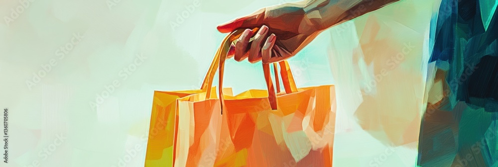 Aufkleber bright hand extending a grocery bag with soft colors and smooth digital brushwork in an inviting set