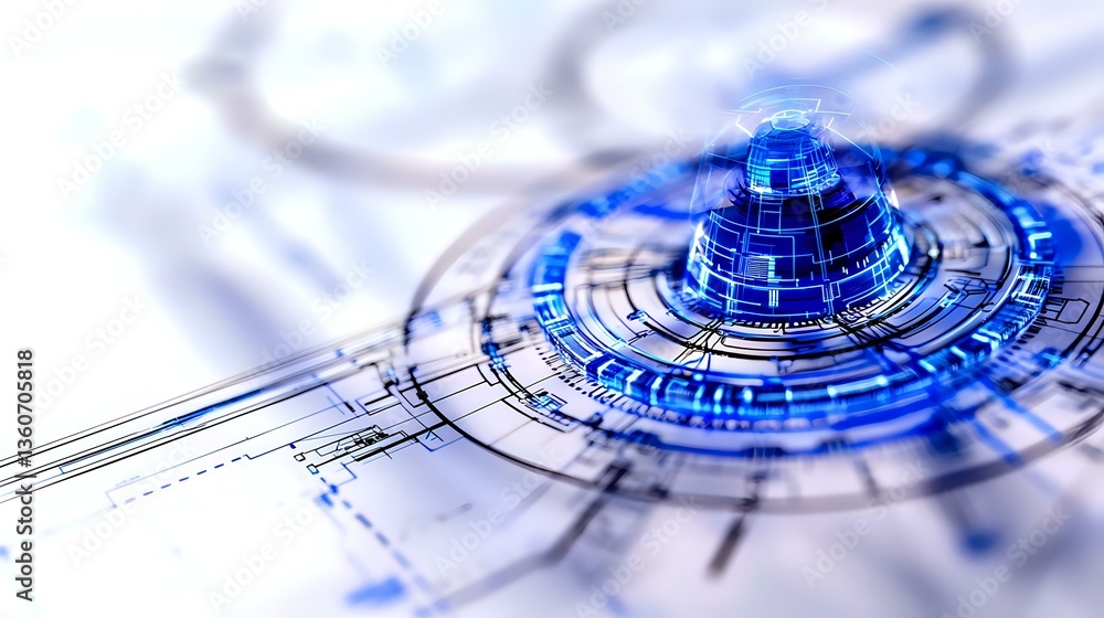 Poster futuristic circular technology concept with glowing blue elements on architectural blueprint backgro