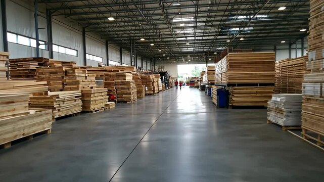 Large lumber storage facility shows stacks of wooden planks organized in rows under industrial lighting