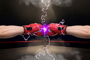 Boxers fighting in boxing ring surrounded by smoke, closeup. Lightnings between their hands