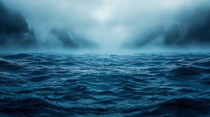 Naklejka premium Dark Moody Ocean Waves Foggy Coastline Dramatic Nature Seascape Background Mysterious Atmosphere Deep Blue Water Misty Forest Silhouette Tranquil 