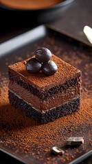 Rich chocolate cake topped with glossy chocolate and dark chocolate pieces. Generative AI