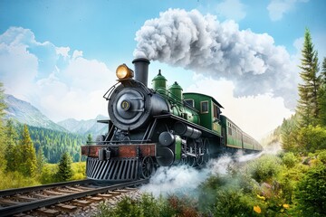 Fototapeta premium Vintage steam locomotive traveling through landscape