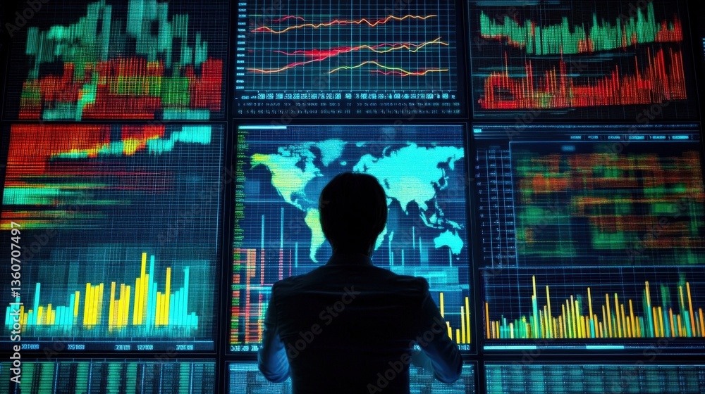 Poster person viewing global financial data displayed on multiple screens