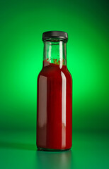 Tasty ketchup in bottle on green background