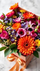 Elegant bouquet of vibrant flowers in a gift box, daisies, vibrant, lilies